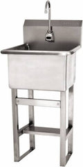 SANI-LAV - 18" Long x 18" Wide Inside, 1 Compartment, Grade 304 Stainless Steel Utility Sink Battery Sensor - 14 Gauge, 21" Long x 20-1/2" Wide x 48" High Outside, 12" Deep - Exact Tooling