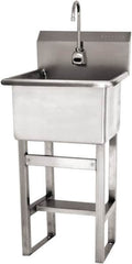 SANI-LAV - 18" Long x 18" Wide Inside, 1 Compartment, Grade 304 Stainless Steel Utility Sink Battery Sensor - 14 Gauge, 21" Long x 20-1/2" Wide x 48" High Outside, 12" Deep - Exact Tooling