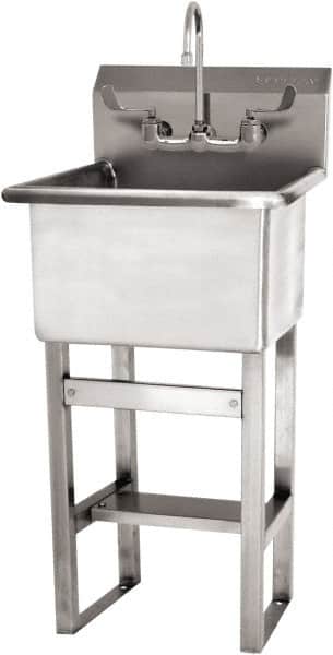 SANI-LAV - 18" Long x 18" Wide Inside, 1 Compartment, Grade 304 Stainless Steel Utility Sink Manual Faucet - 14 Gauge, 21" Long x 20-1/2" Wide x 48" High Outside, 12" Deep - Exact Tooling
