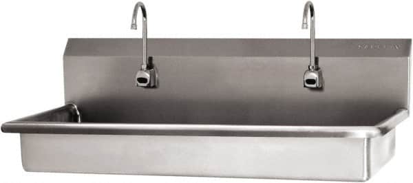 SANI-LAV - 45" Long x 16-1/2" Wide Inside, 1 Compartment, Grade 304 Stainless Steel (3) Person ADA Wash-Station with Electronic Faucet - 16 Gauge, 48" Long x 20" Wide x 21-1/2" High Outside, 5-1/2" Deep - Exact Tooling
