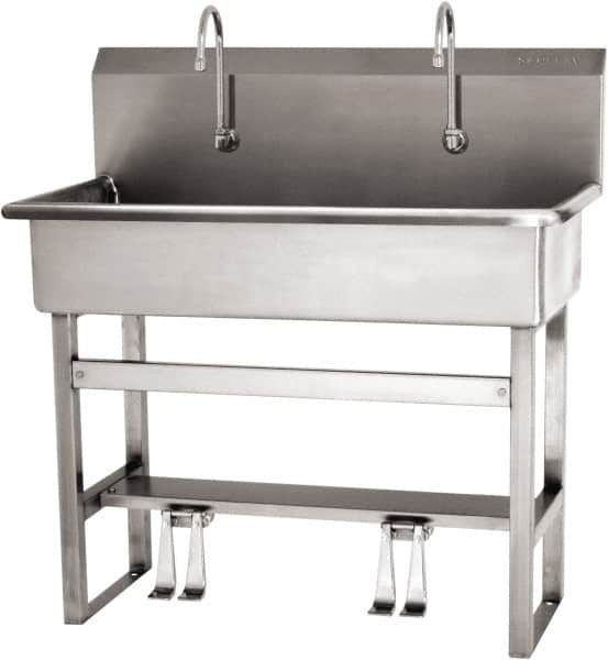 SANI-LAV - 37" Long x 16-1/2" Wide Inside, 1 Compartment, Grade 304 Stainless Steel (3) Person Wash-Station with Double Foot Valves - 16 Gauge, 40" Long x 20" Wide x 45" High Outside, 8" Deep - Exact Tooling