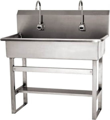 SANI-LAV - 37" Long x 16-1/2" Wide Inside, 1 Compartment, Grade 304 Stainless Steel (3) Person Wash-Station with Electronic Faucet - 16 Gauge, 40" Long x 20" Wide x 45" High Outside, 8" Deep - Exact Tooling