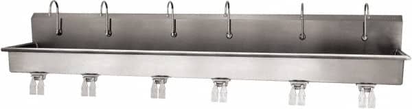 SANI-LAV - 117" Long x 16-1/2" Wide Inside, 1 Compartment, Grade 304 Stainless Steel (6) Person Wash-Station with Double Foot Valves - 16 Gauge, 120" Long x 20" Wide x 18" High Outside, 8" Deep - Exact Tooling