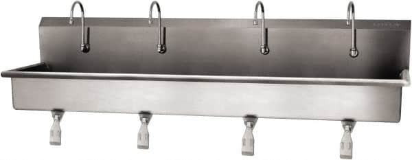 SANI-LAV - 77" Long x 16-1/2" Wide Inside, 1 Compartment, Grade 304 Stainless Steel (4) Person Wash-Station with Single Foot Valves - 16 Gauge, 80" Long x 20" Wide x 18" High Outside, 8" Deep - Exact Tooling