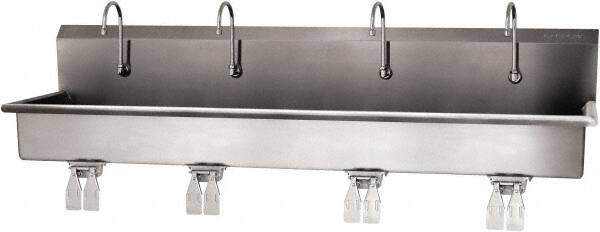 SANI-LAV - 77" Long x 16-1/2" Wide Inside, 1 Compartment, Grade 304 Stainless Steel (4) Person Wash-Station with Double Foot Valves - 16 Gauge, 80" Long x 20" Wide x 18" High Outside, 8" Deep - Exact Tooling