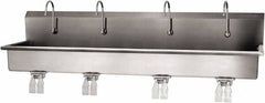 SANI-LAV - 77" Long x 16-1/2" Wide Inside, 1 Compartment, Grade 304 Stainless Steel (4) Person Wash-Station with Double Foot Valves - 16 Gauge, 80" Long x 20" Wide x 18" High Outside, 8" Deep - Exact Tooling