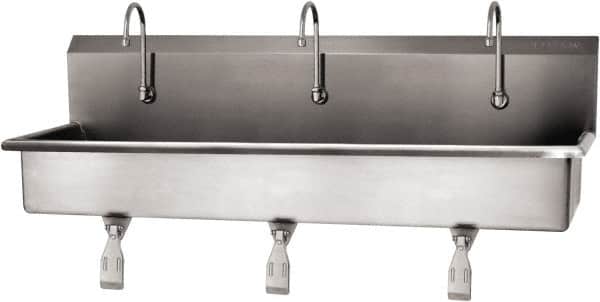SANI-LAV - 57" Long x 16-1/2" Wide Inside, 1 Compartment, Grade 304 Stainless Steel (3) Person Wash-Station with Single Foot Valves - 16 Gauge, 60" Long x 20" Wide x 18" High Outside, 8" Deep - Exact Tooling