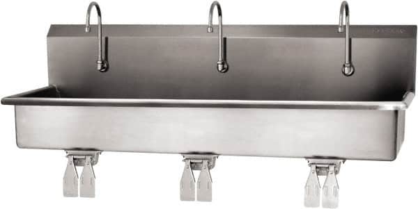 SANI-LAV - 57" Long x 16-1/2" Wide Inside, 1 Compartment, Grade 304 Stainless Steel (3) Person Wash-Station with Double Foot Valves - 16 Gauge, 60" Long x 20" Wide x 18" High Outside, 8" Deep - Exact Tooling