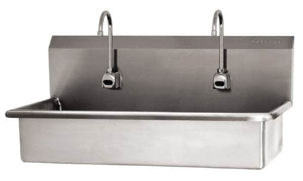 SANI-LAV - 37" Long x 16-1/2" Wide Inside, 1 Compartment, Grade 304 Stainless Steel (2) Person Wash-Station with Electronic Faucet - 16 Gauge, 40" Long x 20" Wide x 18" High Outside, 8" Deep - Exact Tooling
