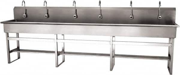 SANI-LAV - 117" Long x 16-1/2" Wide Inside, 1 Compartment, Grade 304 Stainless Steel (6) Person Wash-Station with Electronic Faucet - 16 Gauge, 120" Long x 20" Wide x 45" High Outside, 8" Deep - Exact Tooling