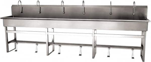 SANI-LAV - 117" Long x 16-1/2" Wide Inside, 1 Compartment, Grade 304 Stainless Steel (6) Person Wash-Station with Single Foot Valves - 16 Gauge, 120" Long x 20" Wide x 45" High Outside, 8" Deep - Exact Tooling
