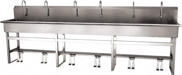 SANI-LAV - 117" Long x 16-1/2" Wide Inside, 1 Compartment, Grade 304 Stainless Steel (6) Person Wash-Station with Double Foot Valves - 16 Gauge, 120" Long x 20" Wide x 45" High Outside, 8" Deep - Exact Tooling