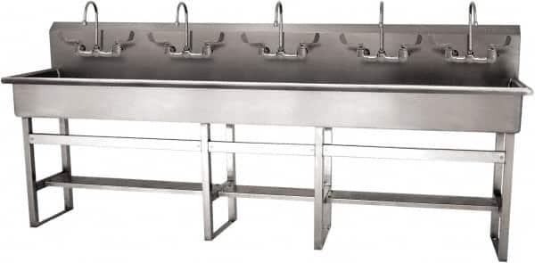 SANI-LAV - 97" Long x 16-1/2" Wide Inside, 1 Compartment, Grade 304 Stainless Steel (5) Person Wash-Station with Manual Faucet - 16 Gauge, 100" Long x 20" Wide x 45" High Outside, 8" Deep - Exact Tooling