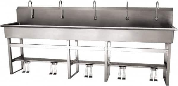 SANI-LAV - 97" Long x 16-1/2" Wide Inside, 1 Compartment, Grade 304 Stainless Steel (5) Person Wash-Station with Double Foot Valves - 16 Gauge, 100" Long x 20" Wide x 45" High Outside, 8" Deep - Exact Tooling