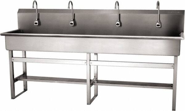 SANI-LAV - 77" Long x 16-1/2" Wide Inside, 1 Compartment, Grade 304 Stainless Steel (4) Person Wash-Station with Electronic Faucet - 16 Gauge, 80" Long x 20" Wide x 45" High Outside, 8" Deep - Exact Tooling