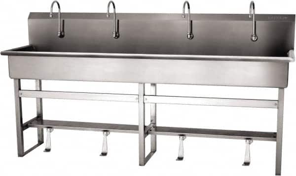 SANI-LAV - 77" Long x 16-1/2" Wide Inside, 1 Compartment, Grade 304 Stainless Steel (5) Person Wash-Station with Single Foot Valves - 16 Gauge, 80" Long x 20" Wide x 45" High Outside, 8" Deep - Exact Tooling