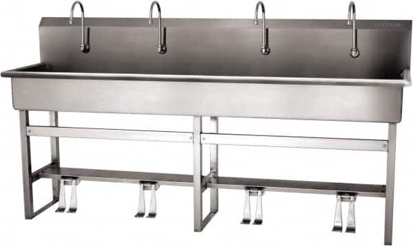 SANI-LAV - 77" Long x 16-1/2" Wide Inside, 1 Compartment, Grade 304 Stainless Steel (5) Person Wash-Station with Double Foot Valves - 16 Gauge, 80" Long x 20" Wide x 45" High Outside, 8" Deep - Exact Tooling