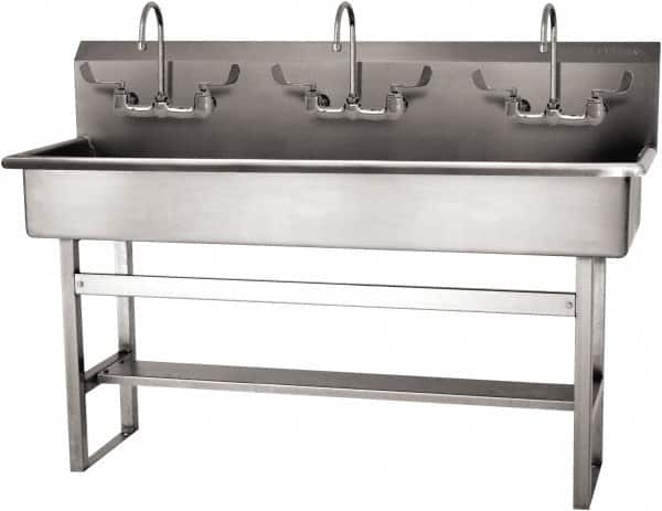SANI-LAV - 57" Long x 16-1/2" Wide Inside, 1 Compartment, Grade 304 Stainless Steel (4) Person Wash-Station with Manual Faucet - 16 Gauge, 60" Long x 20" Wide x 45" High Outside, 8" Deep - Exact Tooling