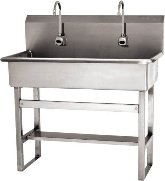 SANI-LAV - 37" Long x 16-1/2" Wide Inside, 1 Compartment, Grade 304 Stainless Steel (3) Person Wash-Station with Electronic Faucet - 16 Gauge, 40" Long x 20" Wide x 45" High Outside, 8" Deep - Exact Tooling