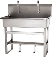 SANI-LAV - 37" Long x 16-1/2" Wide Inside, 1 Compartment, Grade 304 Stainless Steel (3) Person Wash-Station with Single Foot Valves - 16 Gauge, 40" Long x 20" Wide x 45" High Outside, 8" Deep - Exact Tooling