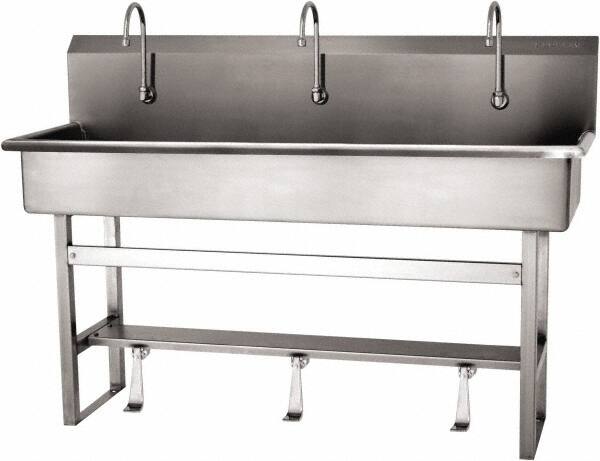 SANI-LAV - 57" Long x 16-1/2" Wide Inside, 1 Compartment, Grade 304 Stainless Steel (4) Person Wash-Station with Single Foot Valves - 16 Gauge, 60" Long x 20" Wide x 45" High Outside, 8" Deep - Exact Tooling