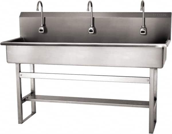 SANI-LAV - 57" Long x 16-1/2" Wide Inside, 1 Compartment, Grade 304 Stainless Steel (4) Person Wash-Station with Electronic Faucet - 16 Gauge, 60" Long x 20" Wide x 45" High Outside, 8" Deep - Exact Tooling