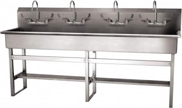 SANI-LAV - 77" Long x 16-1/2" Wide Inside, 1 Compartment, Grade 304 Stainless Steel (5) Person Wash-Station with Manual Faucet - 16 Gauge, 80" Long x 20" Wide x 45" High Outside, 8" Deep - Exact Tooling