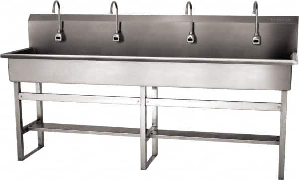 SANI-LAV - 77" Long x 16-1/2" Wide Inside, 1 Compartment, Grade 304 Stainless Steel (4) Person Wash-Station with Electronic Faucet - 16 Gauge, 80" Long x 20" Wide x 45" High Outside, 8" Deep - Exact Tooling