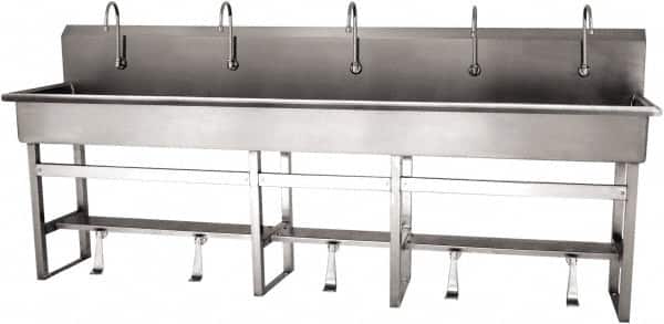 SANI-LAV - 97" Long x 16-1/2" Wide Inside, 1 Compartment, Grade 304 Stainless Steel (5) Person Wash-Station with Single Foot Valves - 16 Gauge, 100" Long x 20" Wide x 45" High Outside, 8" Deep - Exact Tooling