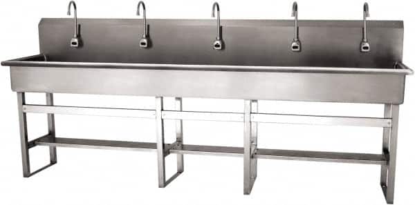 SANI-LAV - 97" Long x 16-1/2" Wide Inside, 1 Compartment, Grade 304 Stainless Steel (5) Person Wash-Station with Electronic Faucet - 16 Gauge, 100" Long x 20" Wide x 45" High Outside, 8" Deep - Exact Tooling