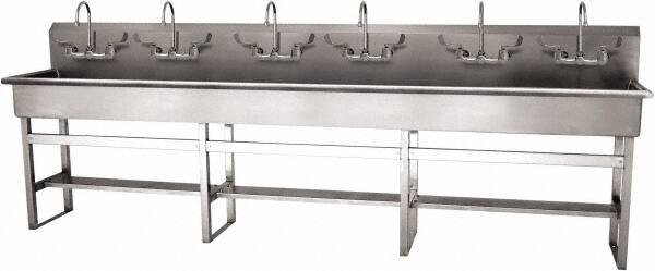 SANI-LAV - 117" Long x 16-1/2" Wide Inside, 1 Compartment, Grade 304 Stainless Steel (6) Person Wash-Station with Manual Faucet - 16 Gauge, 120" Long x 20" Wide x 45" High Outside, 8" Deep - Exact Tooling
