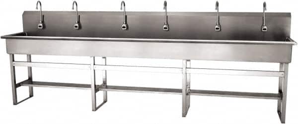 SANI-LAV - 117" Long x 16-1/2" Wide Inside, 1 Compartment, Grade 304 Stainless Steel (6) Person Wash-Station with Electronic Faucet - 16 Gauge, 120" Long x 20" Wide x 45" High Outside, 8" Deep - Exact Tooling