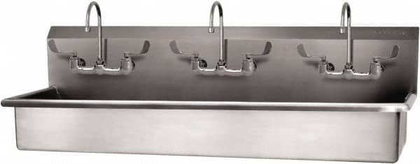 SANI-LAV - 57" Long x 16-1/2" Wide Inside, 1 Compartment, Grade 304 Stainless Steel (3) Person Wash-Station with Manual Faucet - 16 Gauge, 60" Long x 20" Wide x 18" High Outside, 8" Deep - Exact Tooling