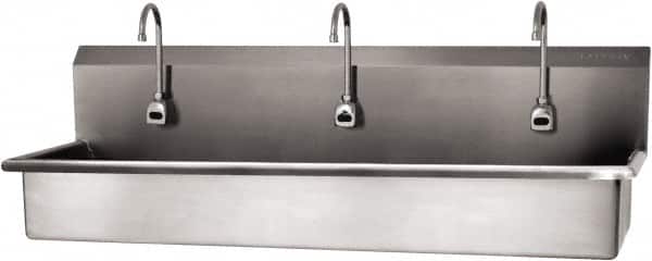 SANI-LAV - 57" Long x 16-1/2" Wide Inside, 1 Compartment, Grade 304 Stainless Steel (3) Person Wash-Station with Electronic Faucet - 16 Gauge, 60" Long x 20" Wide x 18" High Outside, 8" Deep - Exact Tooling