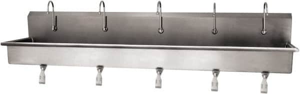 SANI-LAV - 97" Long x 16-1/2" Wide Inside, 1 Compartment, Grade 304 Stainless Steel (5) Person Wash-Station with Single Foot Valves - 16 Gauge, 100" Long x 20" Wide x 18" High Outside, 8" Deep - Exact Tooling