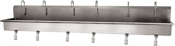 SANI-LAV - 117" Long x 16-1/2" Wide Inside, 1 Compartment, Grade 304 Stainless Steel (6) Person Wash-Station with Single Foot Valves - 16 Gauge, 120" Long x 20" Wide x 18" High Outside, 8" Deep - Exact Tooling