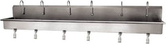 SANI-LAV - 117" Long x 16-1/2" Wide Inside, 1 Compartment, Grade 304 Stainless Steel (6) Person Wash-Station with Single Foot Valves - 16 Gauge, 120" Long x 20" Wide x 18" High Outside, 8" Deep - Exact Tooling