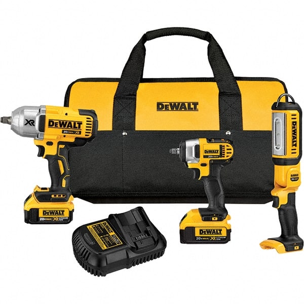 DeWALT - 20 Volt Cordless Tool Combination Kit - Includes 1/2" Impact Wrench, 3/8" Impact Wrench & Handheld Light, Lithium-Ion Battery Included - Exact Tooling