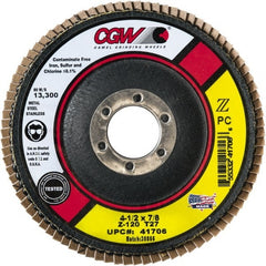 Camel Grinding Wheels - 36 Grit, 4-1/2" Disc Diam, 7/8" Center Hole, Type 27 Zirconia Alumina Flap Disc - 13,300 Max RPM, Poly Cotton Backing, Arbor Attaching System, Coated - Exact Tooling
