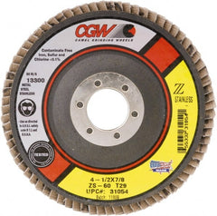 Camel Grinding Wheels - 40 Grit, 4-1/2" Disc Diam, 7/8" Center Hole, Type 29 Zirconia Alumina Flap Disc - 13,300 Max RPM, Polyester Backing, Arbor Attaching System, Coated - Exact Tooling