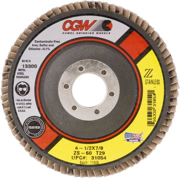 Camel Grinding Wheels - 60 Grit, 4-1/2" Disc Diam, 5/8-11 Center Hole, Type 27 Zirconia Alumina Flap Disc - 13,300 Max RPM, Polyester Backing, Arbor Attaching System, Coated - Exact Tooling