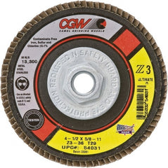 Camel Grinding Wheels - 36 Grit, 4-1/2" Disc Diam, 7/8" Center Hole, Type 27 Zirconia Alumina Flap Disc - 13,300 Max RPM, Poly Cotton Backing, Arbor Attaching System, Coated - Exact Tooling