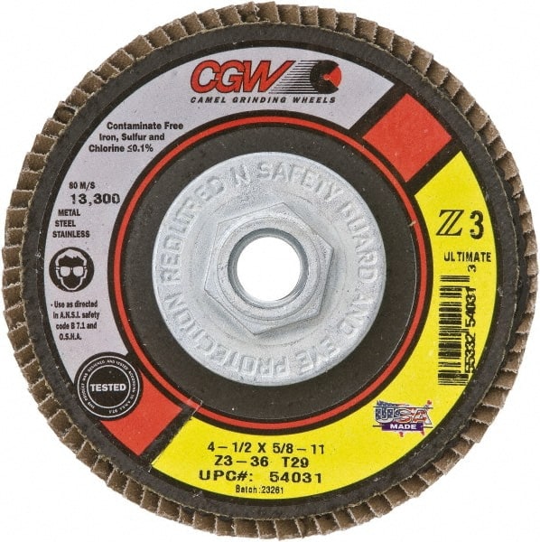 Camel Grinding Wheels - 40 Grit, 4-1/2" Disc Diam, 7/8" Center Hole, Type 29 Zirconia Alumina Flap Disc - 13,300 Max RPM, Poly Cotton Backing, Arbor Attaching System, Coated - Exact Tooling