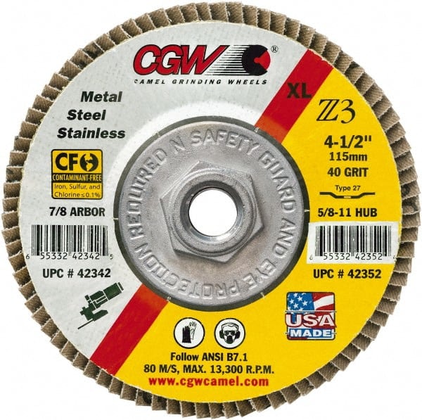 Camel Grinding Wheels - 80 Grit, 7" Disc Diam, 5/8-11 Center Hole, Type 29 Zirconia Alumina Flap Disc - 8,600 Max RPM, Poly Cotton Backing, Arbor Attaching System, Coated - Exact Tooling