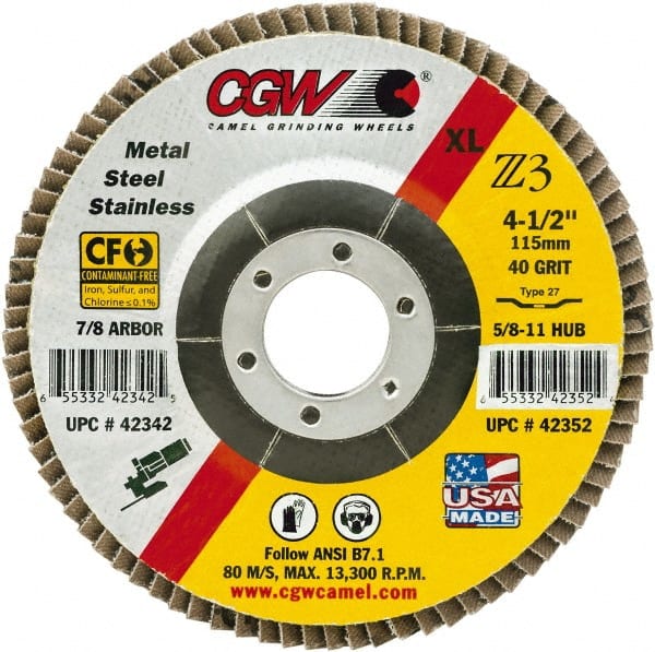 Camel Grinding Wheels - 60 Grit, 4" Disc Diam, 5/8" Center Hole, Type 29 Zirconia Alumina Flap Disc - 15,300 Max RPM, Poly Cotton Backing, Arbor Attaching System, Coated - Exact Tooling