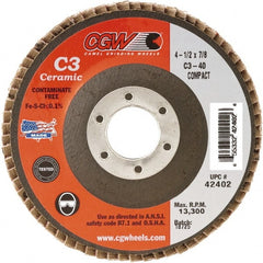 Camel Grinding Wheels - 40 Grit, 7" Disc Diam, 7/8" Center Hole, Type 29 Ceramic Flap Disc - 8,600 Max RPM, Polyester Backing, Arbor Attaching System, Coated - Exact Tooling
