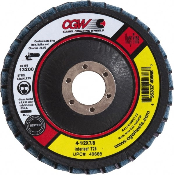 Camel Grinding Wheels - 60 Grit, 4-1/2" Disc Diam, 5/8-11 Center Hole, Type 29 Aluminum Oxide Flap Disc - 13,300 Max RPM, Poly Cotton Backing, Arbor Attaching System, Coated & Non-Woven Combo - Exact Tooling