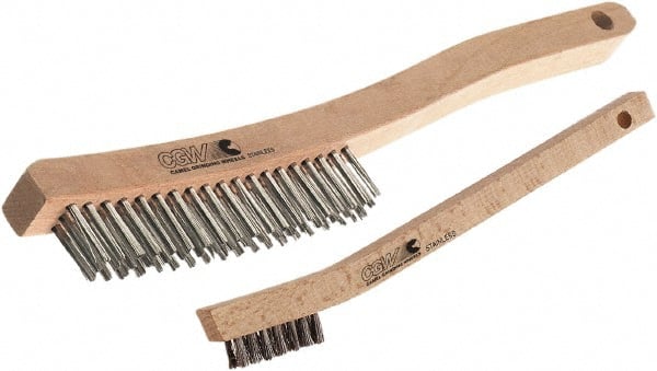 Camel Grinding Wheels - 19 Columns x 3 Rows, Steel Scratch Brush - 5-1/3" Brush Length, 13-3/4" OAL, 1" Trim Length, Wood Curved Handle - Exact Tooling