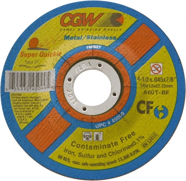 Camel Grinding Wheels - 4-1/2" 60 Grit Aluminum Oxide Cutoff Wheel - 0.045" Thick, 5/8-11 Arbor, 13,300 Max RPM - Exact Tooling