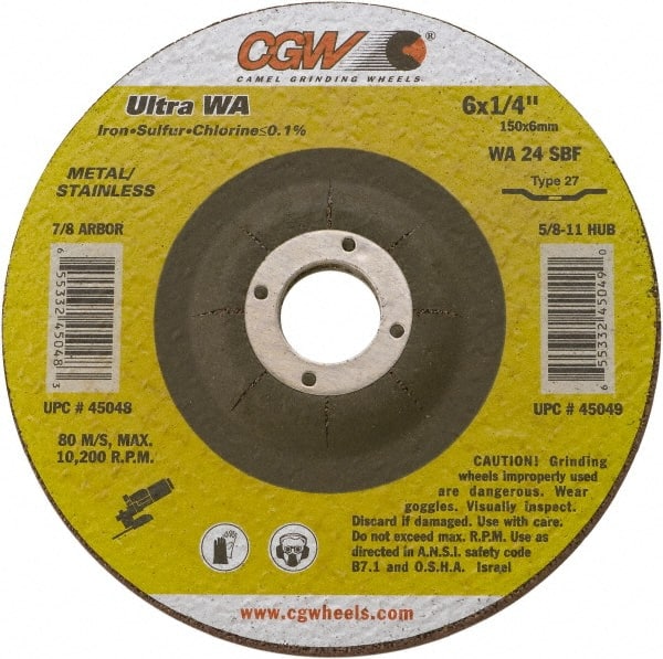Camel Grinding Wheels - 24 Grit, 4-1/2" Wheel Diam, 1/4" Wheel Thickness, Type 27 Depressed Center Wheel - Coarse Grade, Aluminum Oxide, Resinoid Bond, 13,300 Max RPM - Exact Tooling